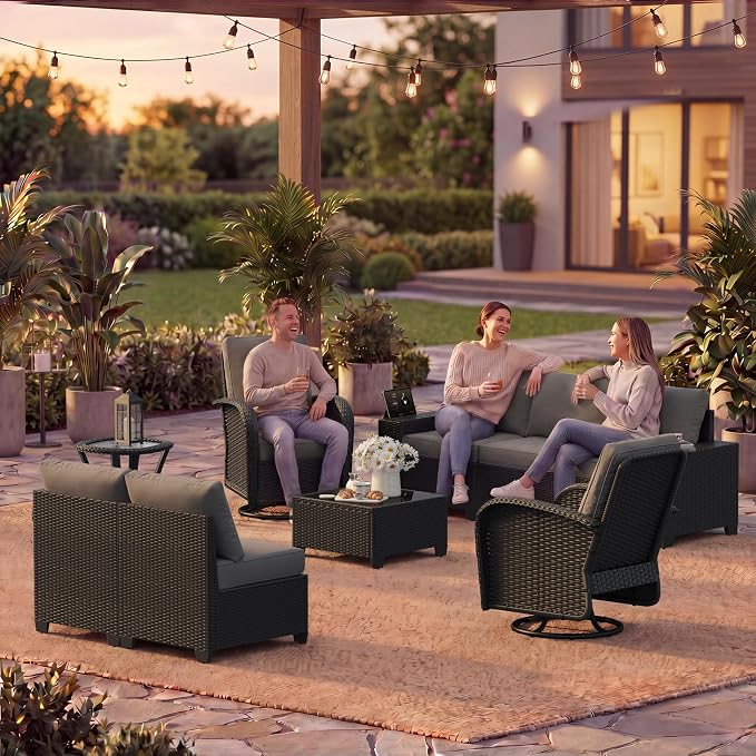 LazySunsets 9 PCS Patio Furniture Set, Outdoor Sectional All-Weather Wicker Conversation Set with Swivel Rocker Chairs, 4'' Thick Cushions for Backyard Poolside(Crey/Black)