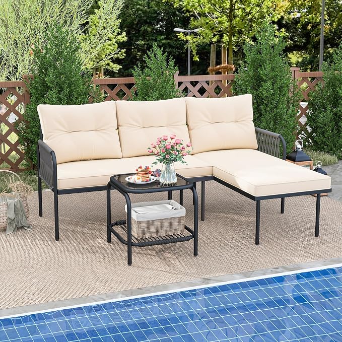 Tangkula 3-Piece L Shaped Patio Furniture Set, PE Rattan Sectional Sofas with Tempered Glass Table, Back and Seat Cushions, Outdoor Conversation Set for Porch, Backyard and Poolside