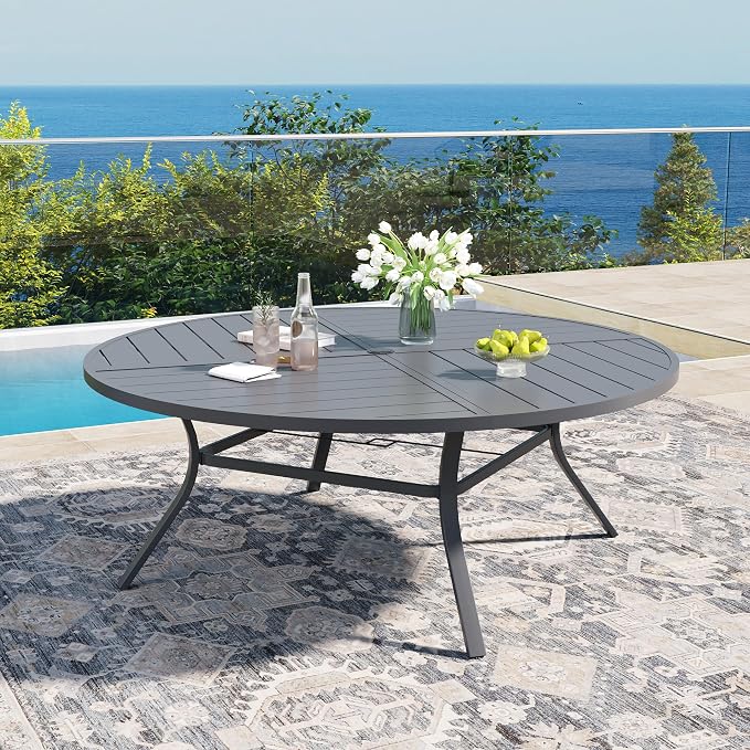DIFY 9 Piece Outdoor Dining Set, Metal Patio Table and Chairs Set, 63" Round Dining Table & 8 Padded Textilene Swivel Patio Chairs, Outdoor Furniture Set for Garden Backyard Porch, Grey