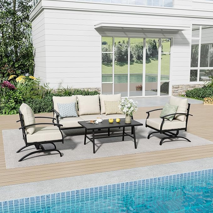 Kurapika Metal Patio Furniture Set 5-Seat Modern Metal Bistro Set Outdoor Conversation Sets, 2 Piece Patio Rocker Chairs with Thick Cushion and Coffee Table for Garden Backyard Deck Lawn, Sand