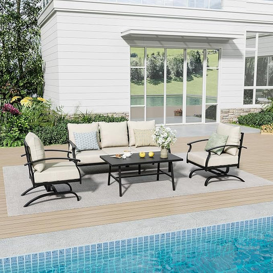 Kurapika Metal Patio Furniture Set 5-Seat Modern Metal Bistro Set Outdoor Conversation Sets, 2 Piece Patio Rocker Chairs with Thick Cushion and Coffee Table for Garden Backyard Deck Lawn, Sand