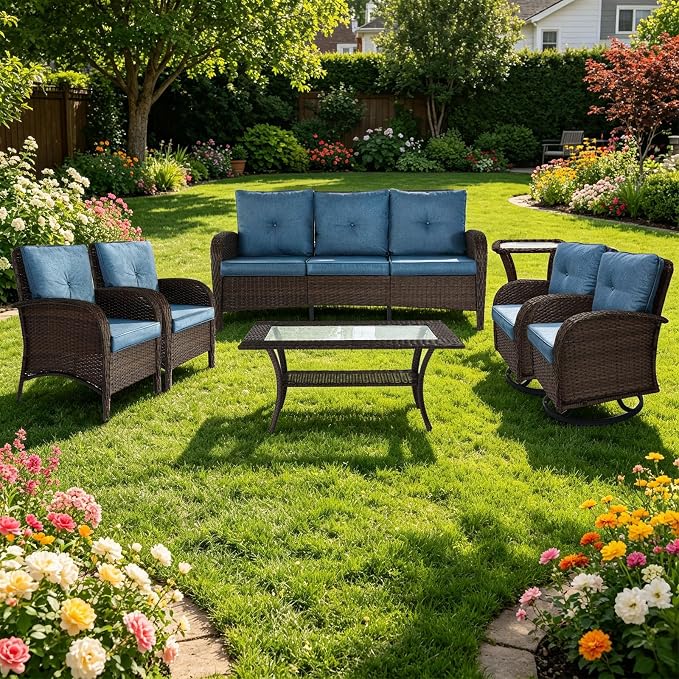 Outdoor Swivel Rocker Patio Chairs (Brown Wicker/Blue Cushion, 7PC/Sofa & Swivel & Chair &2 Table)