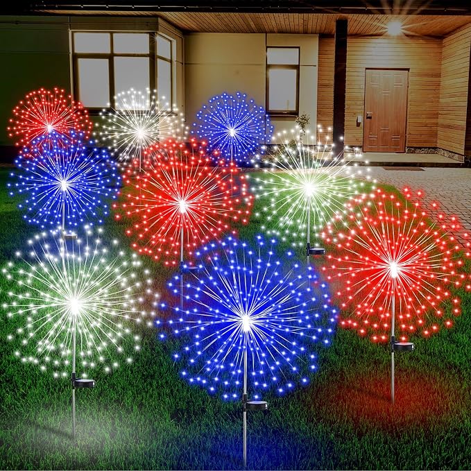 Tujoe 12 Pcs 4th of July Solar Firework Stake Lights 180 LED 8 Modes Solar Waterproof LED Sparkler Lights Outdoor Patriotic Decoration for Memorial Independence Day Garden Patio Yard(Red, Blue, White)