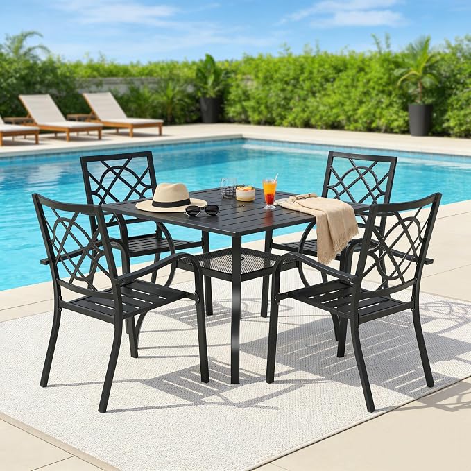 SUNCROWN 5-Piece Outdoor Wrought Iron Chairs and Table Patio Dining Furniture Set - 4 Stackable Metal Chairs, 1 Steel Slat Bistro Table for Garden Backyard Deck