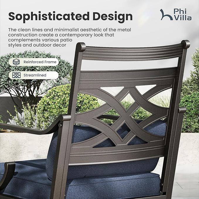 PHI VILLA Patio Dining Set, Swivel Chairs, Metal Table | Metal chairs, Blue Cushion, Umbrella Hole, Cushions, E-coated