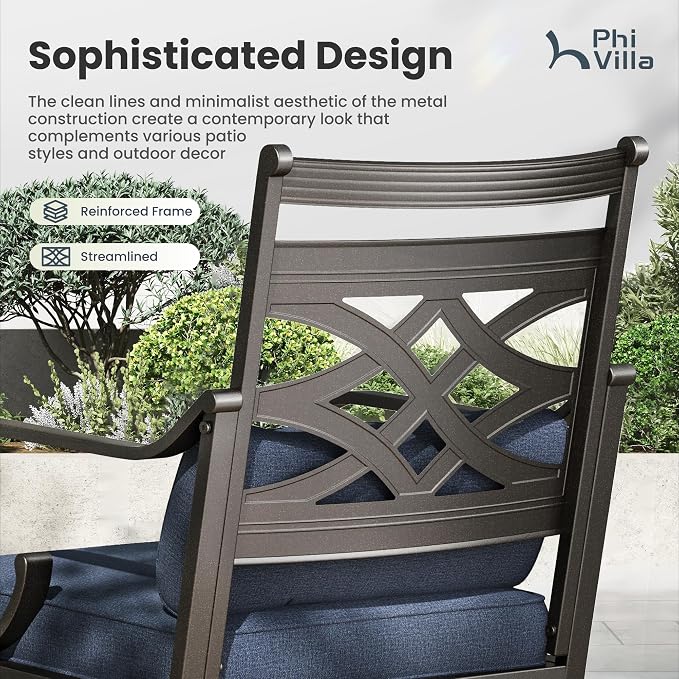 PHI VILLA Patio Dining Set, 37" Square Metal Table | Metal chairs, Blue, Umbrella Hole, Cushions, E-coated