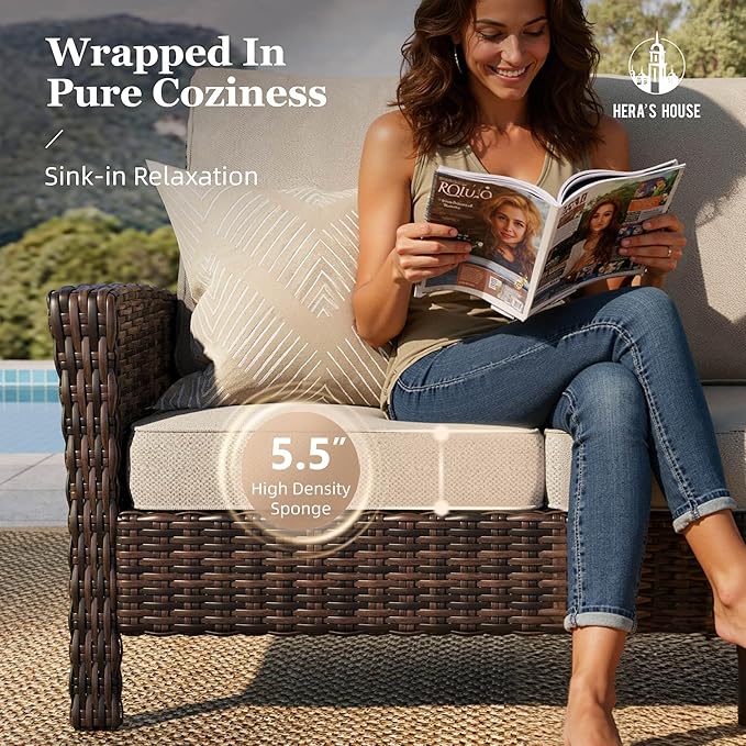 HERA'S HOUSE 8-Piece Patio Furniture Set with Outdoor Swivel Chairs & Fire Pit Table, High Back Wicker Conversation Sets with 5.5" Thick Cushions, All-Weather Deep Seating Sofa with Ottomans, Beige