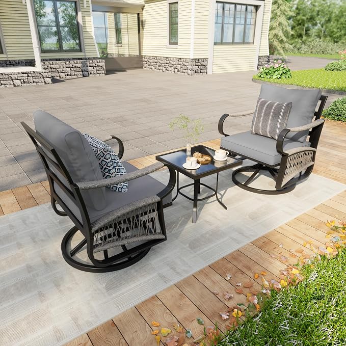 3 Pieces Glider Rocking Chairs, Outdoor Swivel Rocker Chairs with Thick Cushion, Patio Bistro Furniture Set with Side Table, Rope Conversation Sets for Porch Balcony Backyard Deck, Gray Cushions