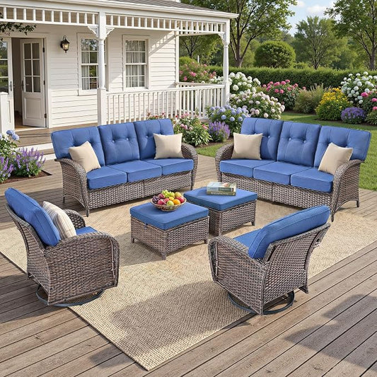 Patio Furniture Set, 6PCS Outdoor Wicker Conversation Set with 5" Thick Cushions, High Back Rattan Sofa & Swivel Rocker Chairs, Weather Resistant Olefin Fabric for Garden, Poolside Brown/Blue