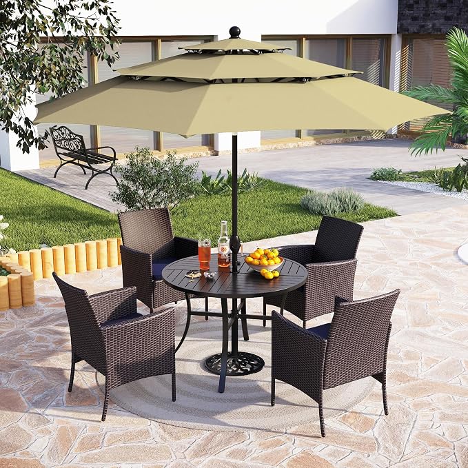 PHI VILLA 5pc Patio Dining Set with Umbrella, Round Table, Rattan Chairs | Outdoor Dining Set for 4, 42" Metal Table & 4 Cushioned Rattan Chairs with Beige Umbrella for Outdoor, Deck, Yard, Porch