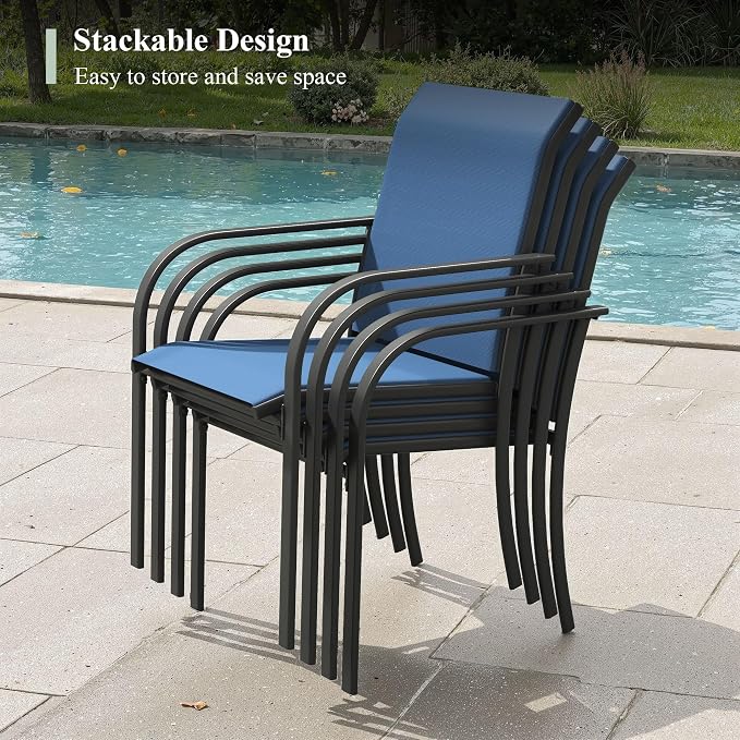 Patio Table and Chairs Set for 8, Outdoor Dining Set with 8 Stackable Dining Chairs and 53" x 53" Metal Slatted Round Dining Table for Porch, Deck, Lawn, Garden, Dark Blue & Black