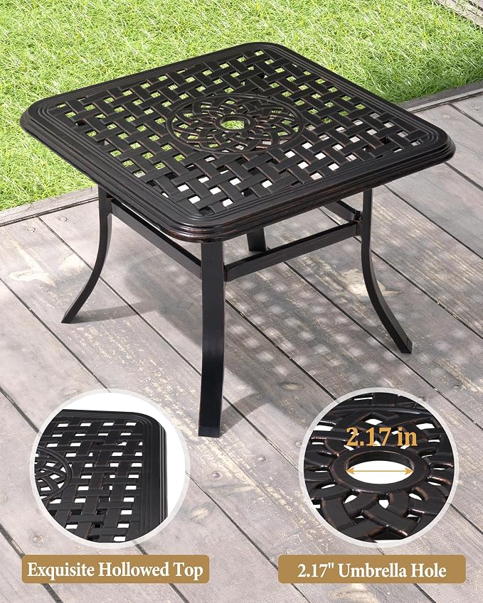 Crestlive Products Cast Aluminum Patio Side Table Outdoor Square Anti-Rust Small Table with Umbrella Hole, Coffee Bistro Table，Market Umbrella Table, 24’’x 24’’, Black with Bronze Spot