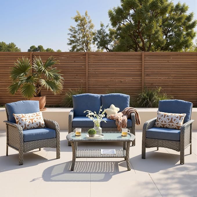 4-Piece Patio Furniture Set, Outdoor Wicker Furniture with Coffee Table, All Weather High Back Loveseat Patio Chairs, Modern Rattan Outdoor Chairs Conversation Set for Porch, Garden,Denim Blue