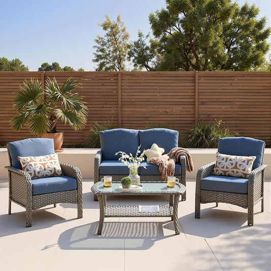 4-Piece Patio Furniture Set, Outdoor Wicker Furniture with Coffee Table, All Weather High Back Loveseat Patio Chairs, Modern Rattan Outdoor Chairs Conversation Set for Porch, Garden,Denim Blue