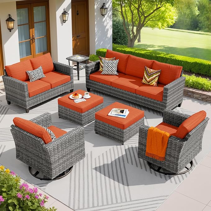ovios 7 Pieces Patio Furniture Set, Outdoor Wicker Rattan Sofa Couch with Swivel Glider Chairs Loveseat Comfy Cushions Modern Conversation Set for Backyard Porch, Orange Red