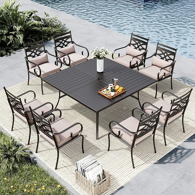 MFSTUDIO 9-Piece Patio Dining Set, 57.5" Square Metal Table, Fixed Chairs | Umbrella Hole, All-Weather Use