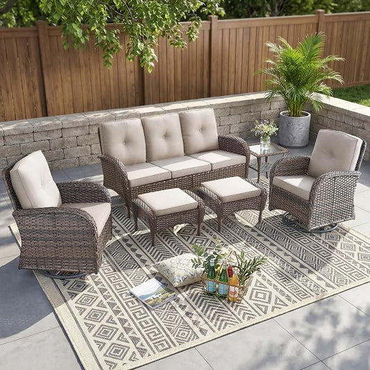 6 Piece Patio Furniture Set - Wicker Patio Conversation Set with Swivel Glider, 3-Seater Sofa, Tempered Glass Side Table and 2 Ottomans for Deck Backyard - Brown Wicker Beige Cushion