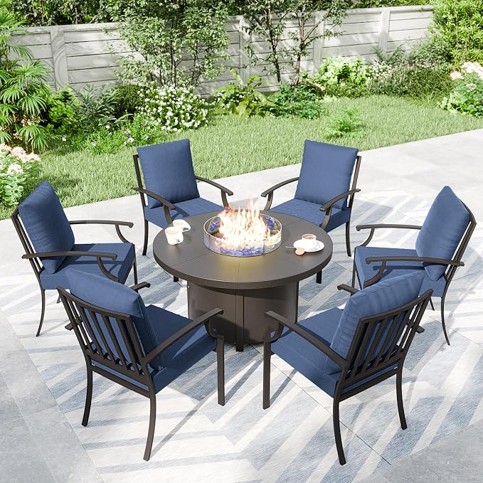 7 Piece Metal Outdoor Patio Furniture Set with 48" Round Propane Fire Pit, Outdoor Dining Table Set with 6 Fixed Chairs and 55000 BTU Outdoor Fire Pit, Navy