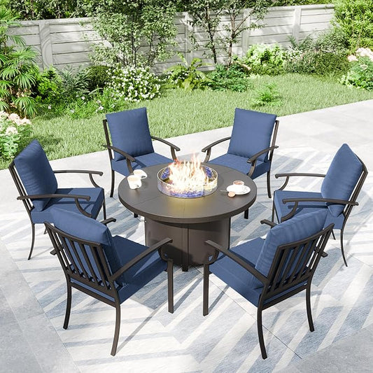 7 Piece Metal Outdoor Patio Furniture Set with 48" Round Propane Fire Pit, Outdoor Dining Table Set with 6 Fixed Chairs and 55000 BTU Outdoor Fire Pit, Navy