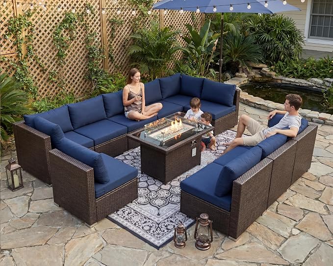 NICESOUL 11 Piece Outdoor Furniture Set with Fireplace Propane/Natural Gas, Luxury Patio Sectional 10-Person, 29.3'' High-Back Backyard Seating Area, All-Weather Rattan Couch Sofa, Brown & Blue