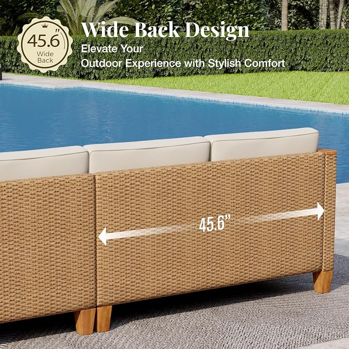MIXPATIO Wicker Outdoor Patio Furniture Set 3 Pieces Patio Chaise Longue Conversation Set, Rattan L-Shaped Sofa Couch with Acacia Wood Coffee Table for Deck Porch and Garden