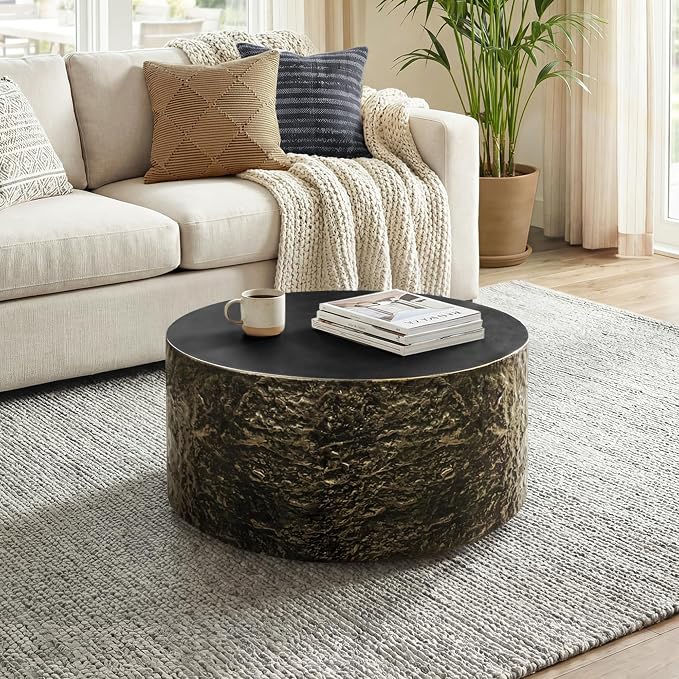 UPHA 28" Round Outdoor Coffee Table, Modern Hollow Concrete Patio Table, Small Minimalist Low Accent Table for Living Room, Balcony, Deck, Backyard, Bronze