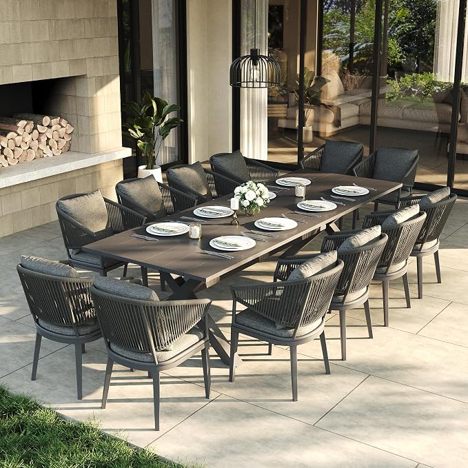 LayinSun 13 Piece Outdoor Dining Table Set, Aluminum Modern Rectangular Dining Table and All-Weather Wicker Chairs Set for Patio Deck Indoor Decor Kitchen