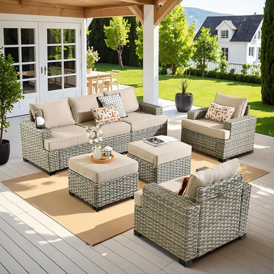 7 Pcs Outdoor Sectional Patio Furniture Set with Ottomans - All Weather Wicker Modular L Shaped Outside Sectional Couch,Patio Seating Outdoor Conversation Sets for Deck Yard Garden,Beige