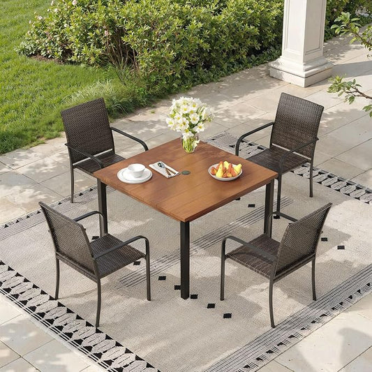 Outdoor Dining Set for 4, 40.2" Metal Square Outdoor Dining Table with Umbrella Hole and Wicker Stackable Patio Chairs, 5 Pieces Patio Table and Chairs Set for Garden Backyard, Walnut