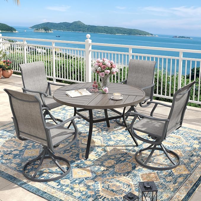 40.6" Outdoor Dining Table with Adjustable Umbrella Hole, Metal Slatted Round Patio Dining Table for Backyard Garden Deck, Antique Grey