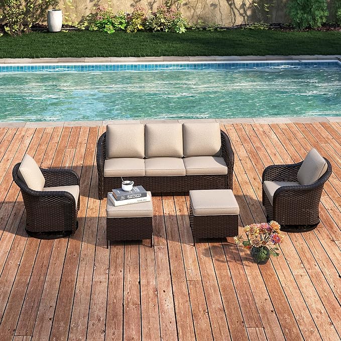 5 Piece Patio Wicker Conversation Set, All-Weather Use Outdoor Wicker Sofa with 2 PE Rattan Ottomans,2 Swivel Chair, Ideal for Porch, Backyard, Balcony, Poolside, Beige