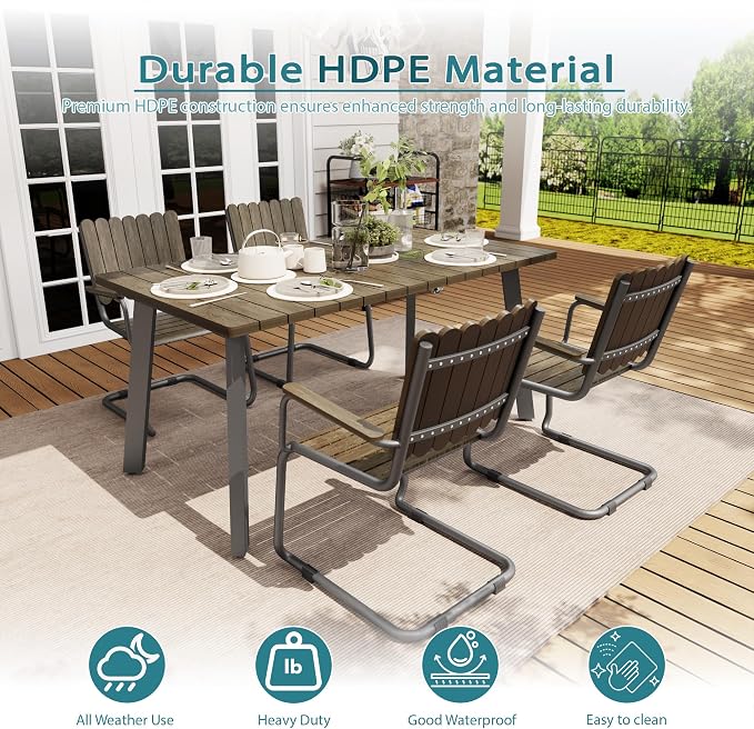 5 Piece Outdoor Conversation Set for 4, HDPE Patio Seating Set with Table and Chairs, All-Weather Outdoor Lounge Furniture with Umbrella Hole for Garden, Porch, Poolside, Gray