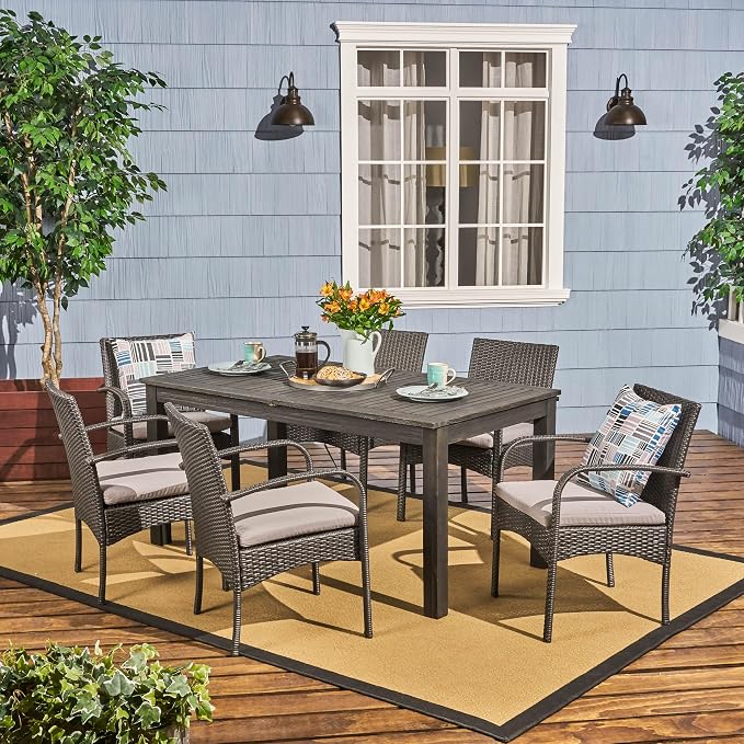Christopher Knight Home Elmar Outdoor 7 Piece Wood and Wicker Expandable Dining Set, Dark Gray and Dark Gray and Gray