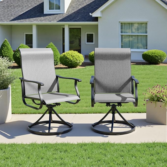 Crownland Outdoor Swivel Dining Chair Set of 2, All Weather 360° Swivel Rocking High Back Model Patio Dining Chairs, Textilene Fabric Wrought Iron Chair Set for Backyard, Lawn, Garden(Grey)