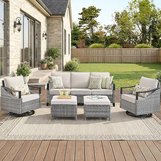 Outdoor Patio Furniture Set-5 Pieces All-Weather Wicker Outdoor Furniture with High Back Wicker Swivel Patio Chairs Outdoor Patio Conversation Sets for Garden Porch Deck Grey/Beige