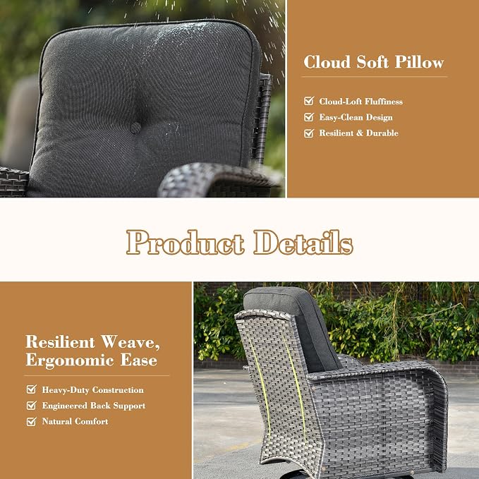 3 Pieces Patio Furniture Set, High Back Outdoor Swivel Rocker Chairs, Wicker Outdoor Furniture with Swivel Rocking Chairs and Side Table for Porch, Backyard, Balcony, Black