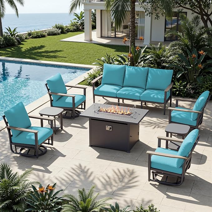 Aluminum Outdoor Patio Furniture Set with Swivel Rocking Chairs 7-Seat, Patio Sectional Sofa Patio Conversation Set with 55,000 BTU Fire Pit Table & High Backrest, Turquoise