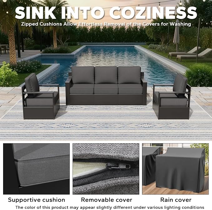 Aluminum Patio 79" Sofa Set with 2 Armchairs, All Weather Outdoor Conversation Furniture Set with Metal Armrest & 6" Water-Resistant Cushions & Furniture Covers for Deck Porch (Grey)