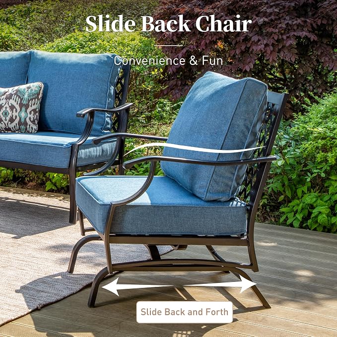 SUNSHINE VALLEY 5 Piece Metal Outdoor Patio Furniture Set, Patio Conversation Sets 3-seater Sofa, 2 Rocking Chair, 2 Ottomans with 5.75" Thick Cushion, Black All-weather Frame Backyard Furniture, Navy