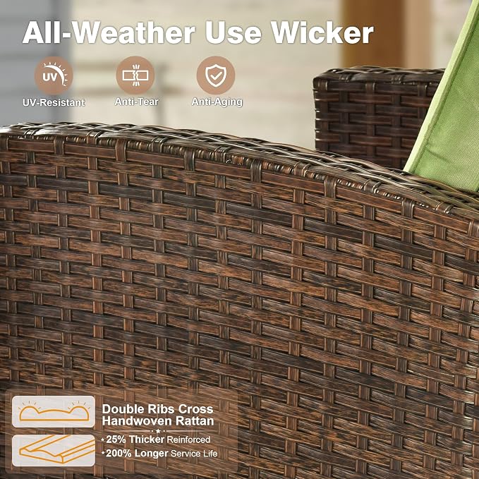 ovios 7 Pieces Patio Furniture Set, Outdoor Wicker Sofa Couch with 4 Chairs Comfy Cushions, All Weather Brown Rattan Conversation Set for Backyard Deck Porch, Green