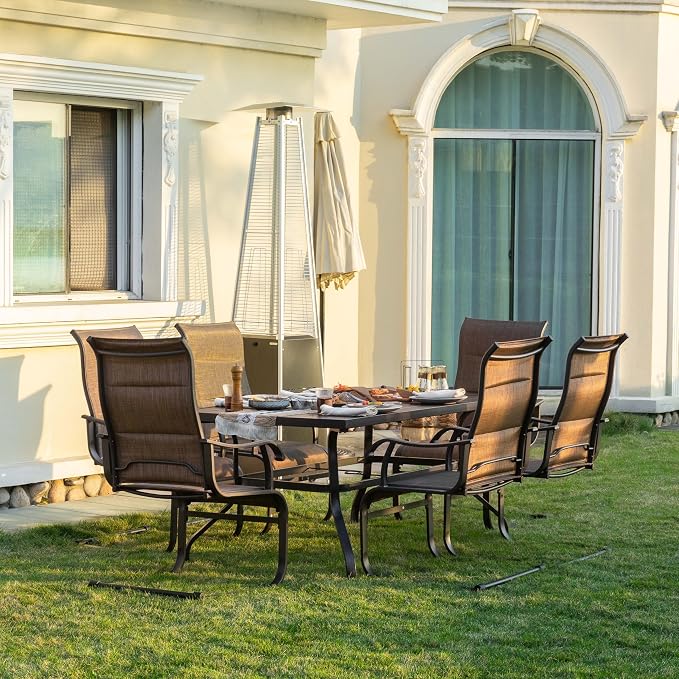 NUU GARDEN 7 Piece Outdoor Patio Dining Set for 6, 61" Rectangular Dining Table with Umbrella Hole and 6 All-Weather Padded Textilene Chairs, Brown and Black