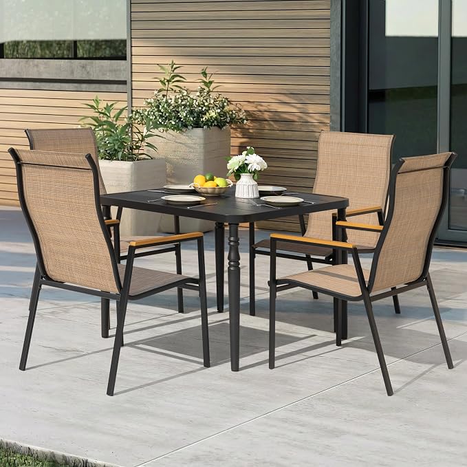 NUU GARDEN 5 Piece Outdoor Patio Dining Set for 4, Square Table with Umbrella Hole and 4 Stackable Textilene Chairs, Outdoor Furniture for Backyard Garden, Black and Khaki