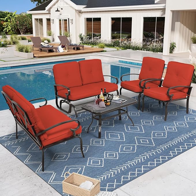 Incbruce 5 Pcs(6 Seats) Outdoor Metal Furniture Sets Wrought Iron Patio Conversation Sets, (Glider, 2 Single Chairs, Loveseat, and Coffee Table) with Cushion (Red)