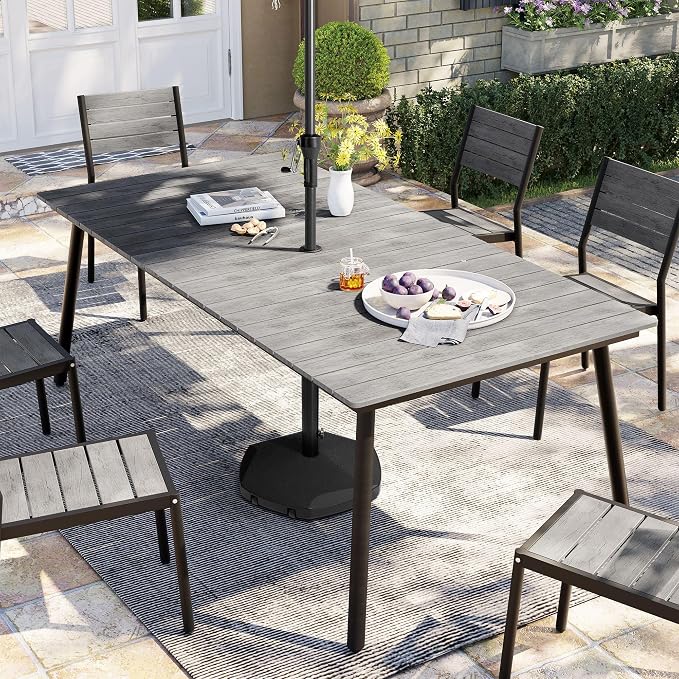 Pellebant 95" Patio Outdoor Dining Table for 8-10, Weather-Resistant Aluminum Frame with Wood-Grain Top & Umbrella Hole for Deck Gatherings, Grey