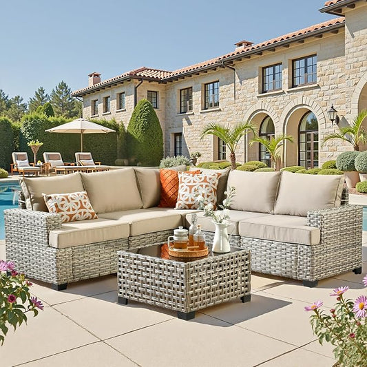 CAODOC 6 Pieces Outdoor Sectional Patio Furniture Set,Wicker Conversation Sets L Shaped Couch,Outdoor Sofa Outside Furniture with Solar Table Light(Beige)
