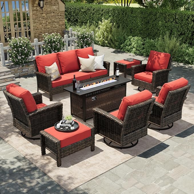 HERA'S HOUSE 8-Piece Patio Furniture Set with Swivel Chairs & Fire Pit, Outdoor High Back Wicker Conversation Sets with 5.5" Thick Cushions, All-Weather Deep Seating Sofa with Ottomans, Red