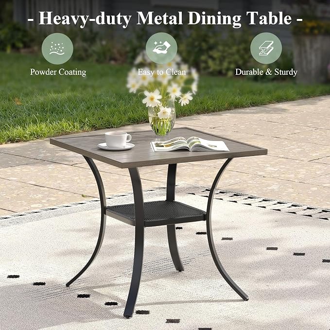 Small Patio Dining Set for 2, 27.5" Square Outdoor Dining Table and Chairs Set with Stackable Patio Chairs Outdoor Furniture for Garden Deck Backyard, Grey Table and Grey Chairs