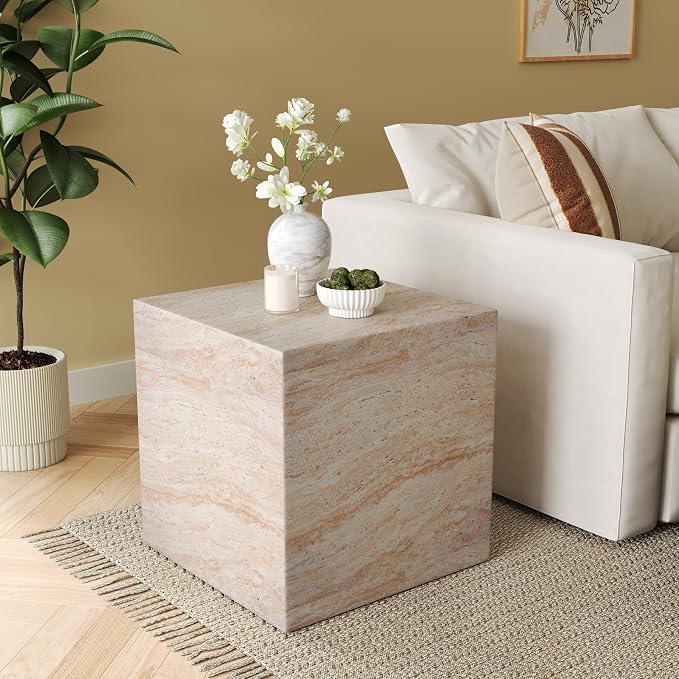 Christopher Knight Home Jayme 22.5" Indoor Outdoor Square Accent Side Table, Patio Decorative End Table, Lightweight Concrete Garden Stool for Patio Living Room Balcony & Garden Decor, Travertine