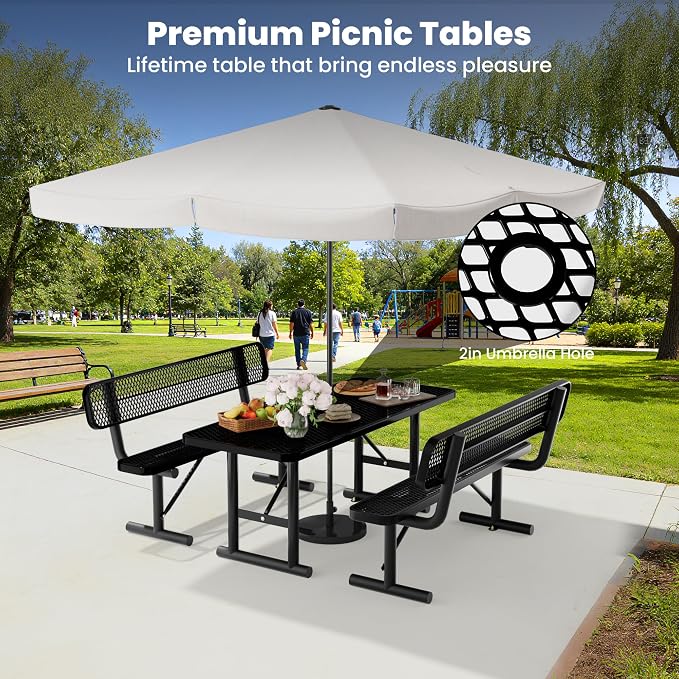 6FT Outdoor Metal Picnic Table with 2 Benches,Heavy Duty Rectangular Picnic Table Set for Outside, Waterproof Commercial Restaurant Table Furniture for Park, Campfield, Patio, Garden, Yard