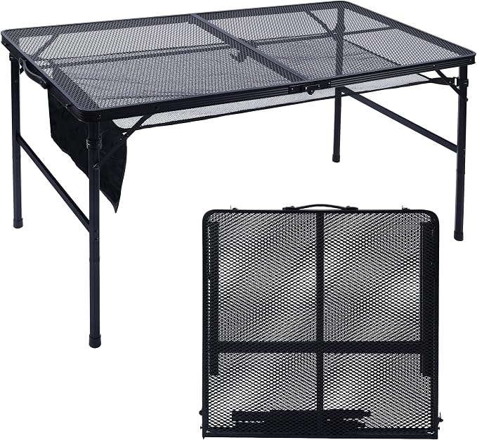 JOUYEK Folding Grill Table, 4x2 FT Portable Camping Table, Lightweight Height Adjustable Metal Tables with Mesh Desktop and Mesh Bag, Outdoor Tables for Camping, Picnic, Beach and BBQ, Black